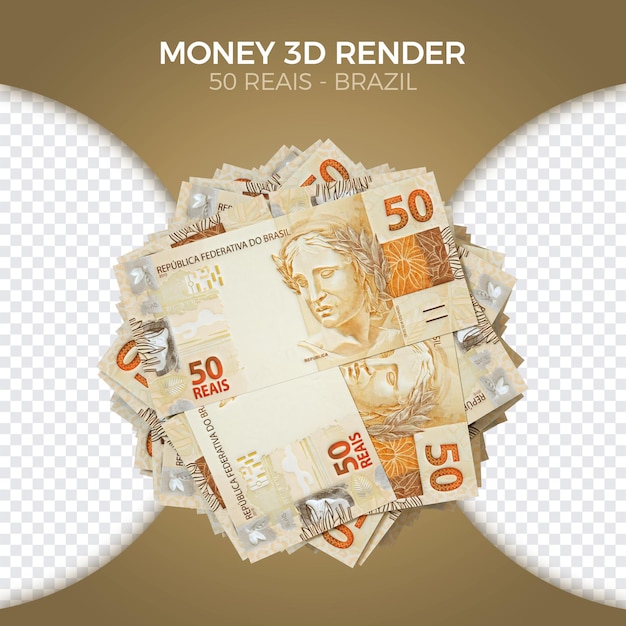 PSD dinero brasileño apilado de 50 reales frente renderizado en 3d