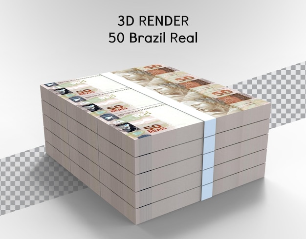 Dinero brasileño con billetes de 50 reales 3D Render