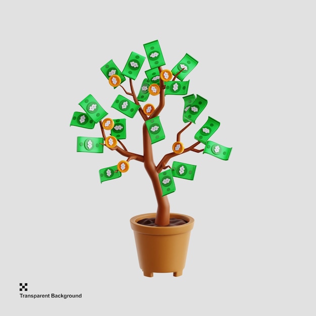 Dinero en dólares 3d creciendo en un árbol