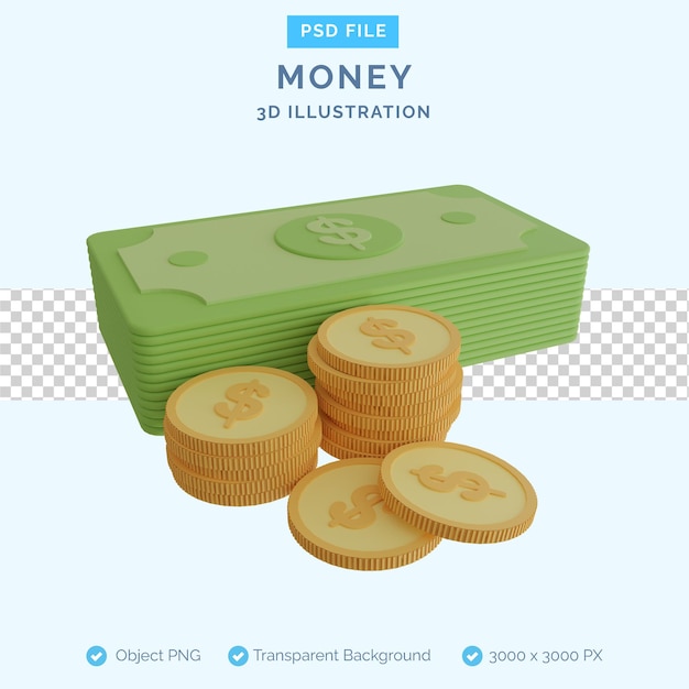 PSD dinero y monedas ilustración 3d