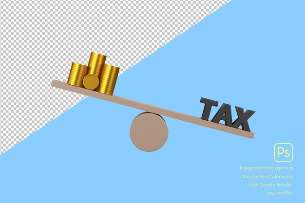 Dinero de oro 3D e impuesto de bloques de cubos de madera en el balancín para desequilibrar los impuestos del gobierno