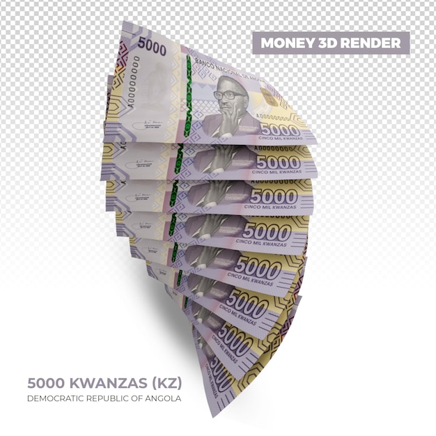 PSD dinheiro angolano 5000 kwanzas renderização 3d em fundo transparente