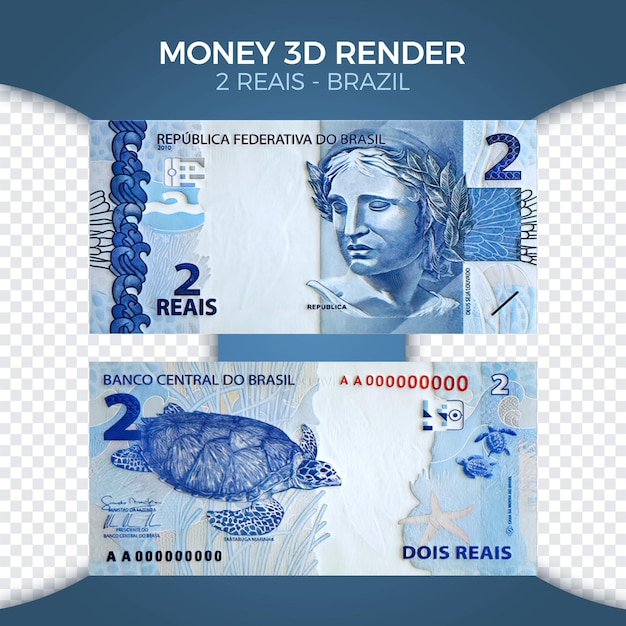 PSD dinheiro brasileiro 2 reais renderização 3d frente e verso