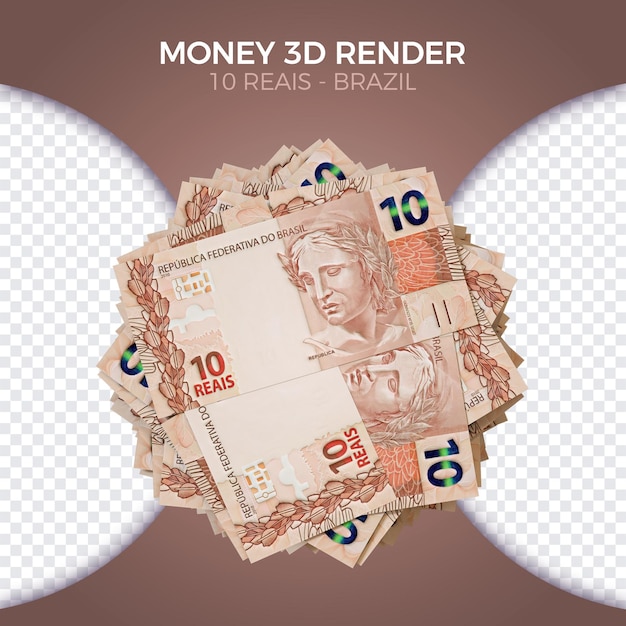 Dinheiro brasileiro empilhado 10 reais renderização 3d frontal