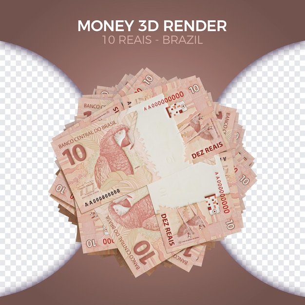 PSD dinheiro brasileiro empilhado 10 reais verso renderização 3d para composição