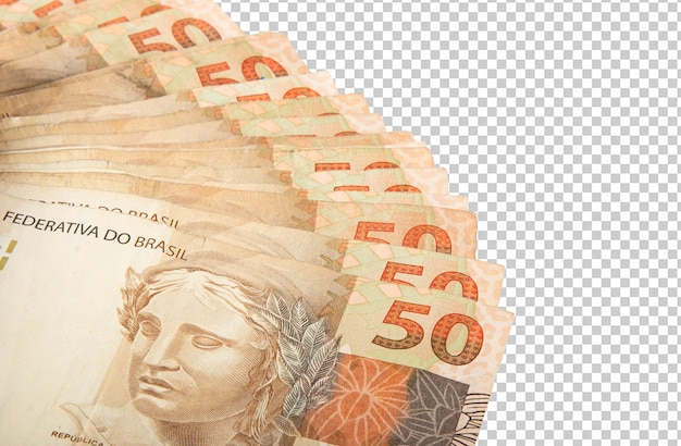 PSD dinheiro brasileiro notas de 50 reais conceito de finanças brasileiras espaço para cópia