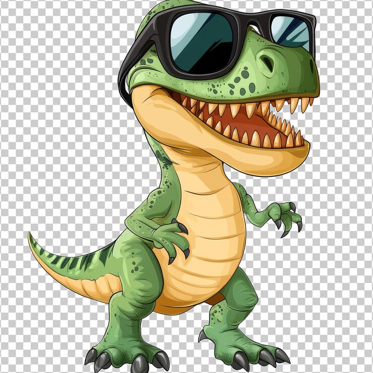 PSD dino frio com óculos de sol sorrindo felizmente