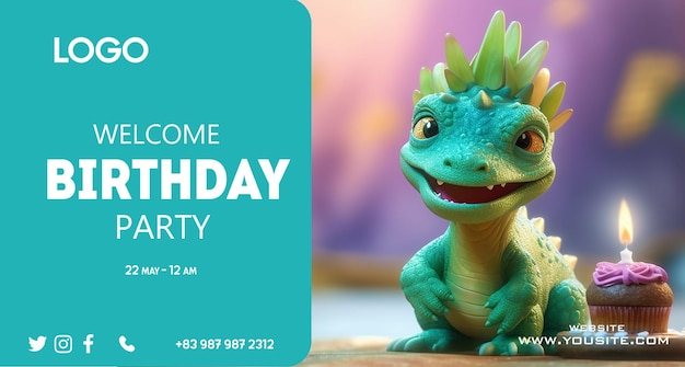 PSD un dinosaure vert avec un chapeau violet dessus qui dit bienvenue à la fête d'anniversaire.