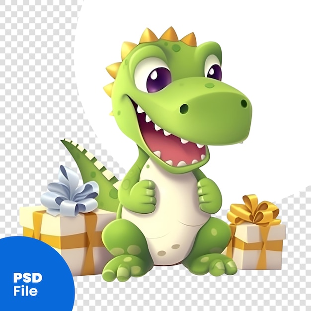 PSD dinosaurio de dibujos animados con cajas de regalo sobre fondo blanco - ilustración para niños plantilla psd