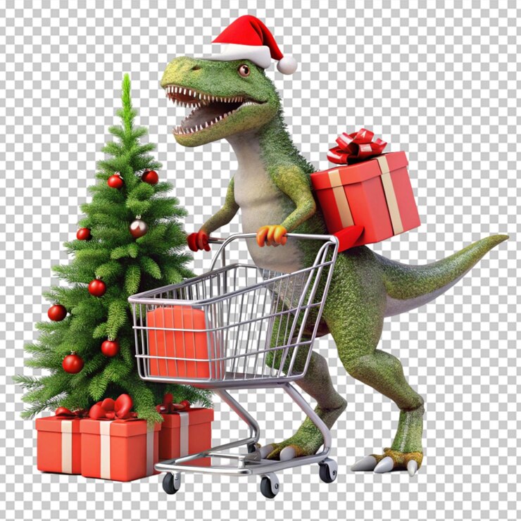 PSD un dinosaurio feliz llevando un carrito de compras con navidad