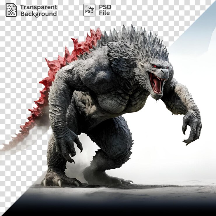 PSD un dinosaurio gris con una boca abierta y un ojo rojo se encuentra contra un cielo azul con una pierna negra visible en primer plano y una nube blanca en el fondo