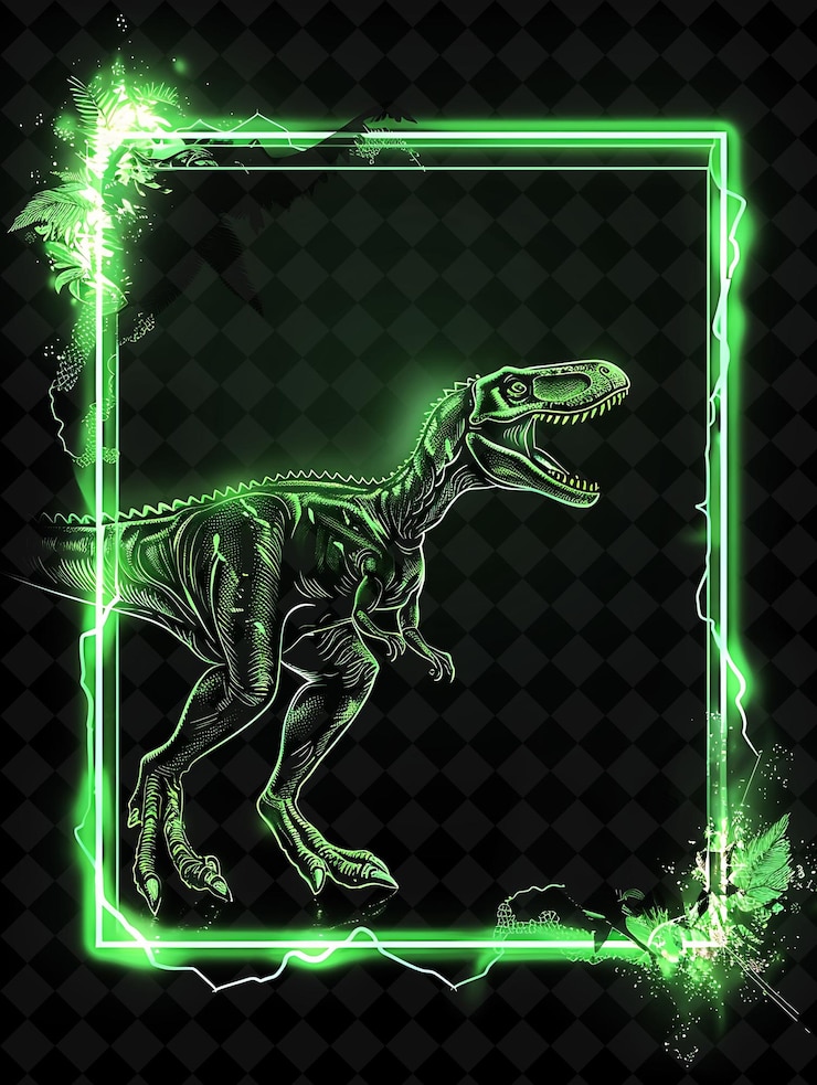 PSD un dinosaurio con un marco verde y luces de neón verdes