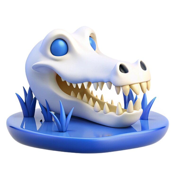 PSD un dinosaurio con un ojo azul y ojos amarillos está en un agua azul