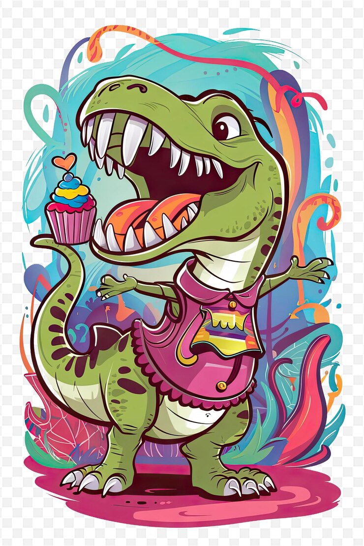 PSD un dinosaurio con un pastel en la boca