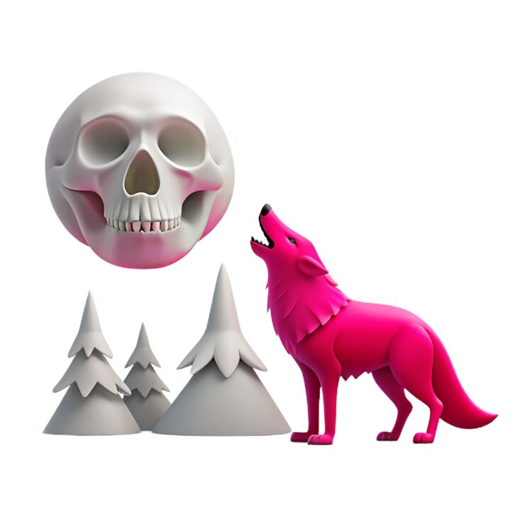 PSD un dinosaurio rosa con un lobo rosa en él y un cráneo con un cráneo en el medio