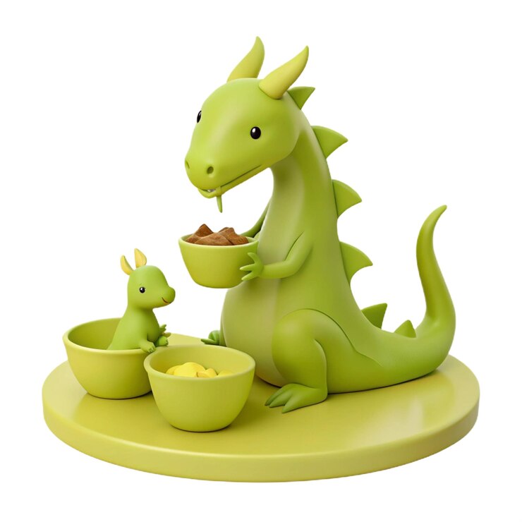 PSD un dinosaurio verde y un dinosaurio verde están comiendo de un cuenco de comida