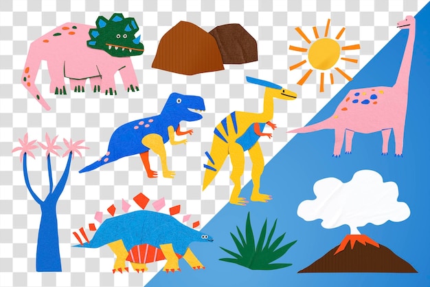 Dinosauro png papel artesanato colagem elemento conjunto de fundo transparente