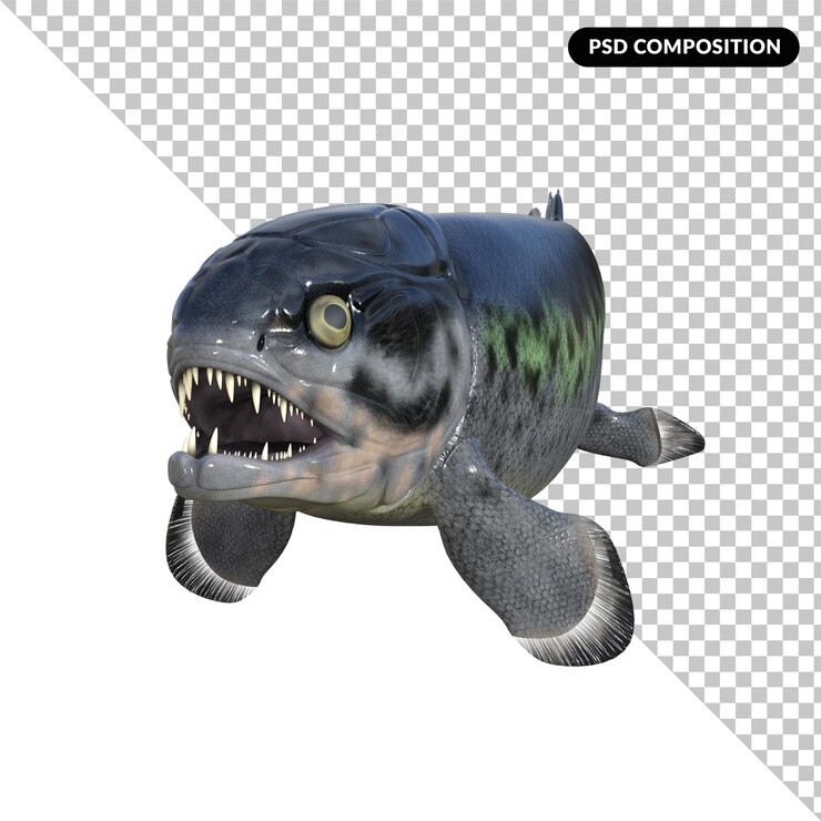 PSD dinosauro rhizodus pesce isolato rendering 3d