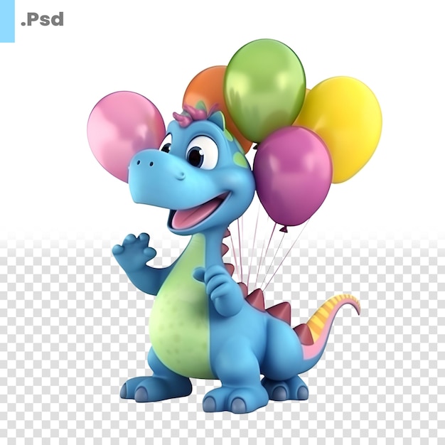 PSD dinossauro de desenho animado com balões em um fundo branco modelo psd de ilustração 3d