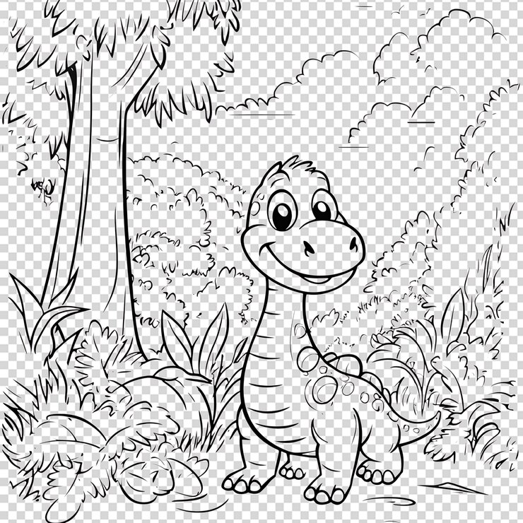 PSD dinossauro de desenho animado na selva