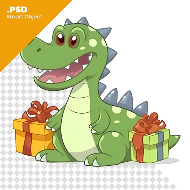 Dinossauro fofo com caixas de presente. ilustração vetorial de desenho animado isolada sobre fundo branco. modelo psd