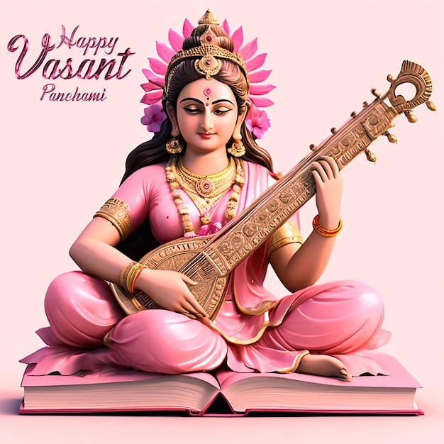 PSD la diosa saraswati lleva un sari rosado sentada en un libro con un instrumento musical festival de vasant panchami