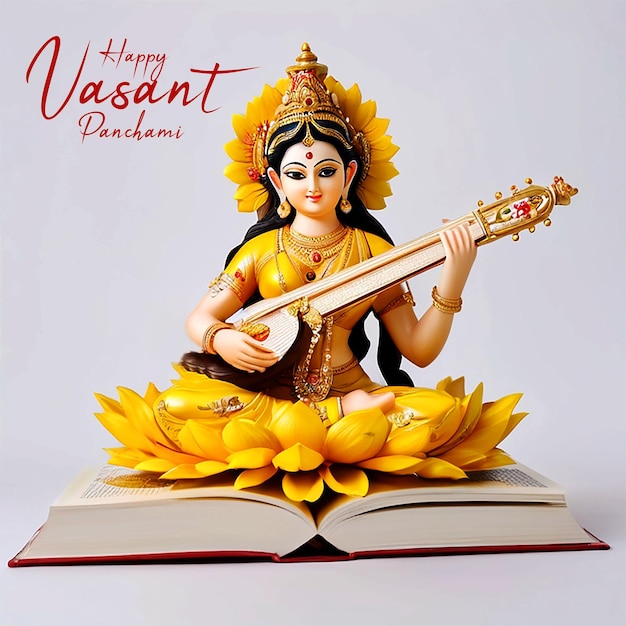 PSD la diosa saraswati sentada en un instrumento musical de libro feliz plantilla del festival vasant panchami