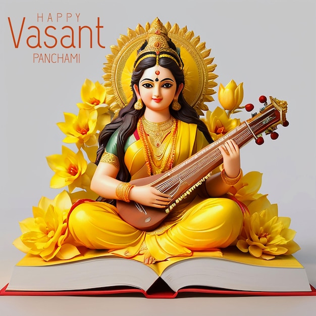 PSD la diosa saraswati sentada en un instrumento musical de libro feliz plantilla del festival vasant panchami