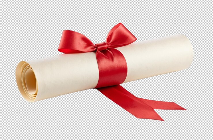 Diploma arrotolato legato con un regalo a fiocco a nastro rosso