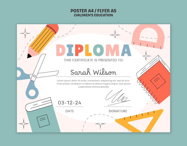 Diploma di istruzione per bambini di progettazione piana