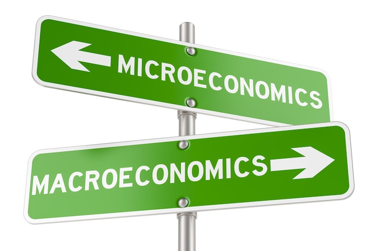PSD directions microéconomiques ou macroéconomiques représentation 3d d'un panneau de circulation opposé isolé sur un fond transparent