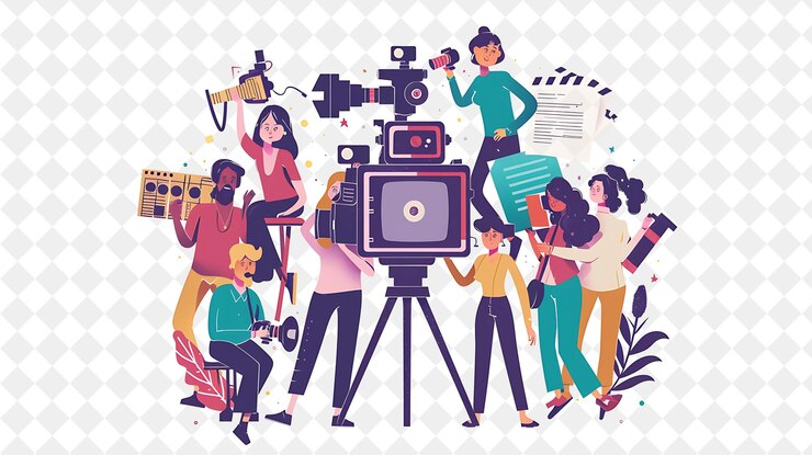 PSD director de cine dramático con personajes dirigiendo y produciendo png gente en el trabajo diario ilustración