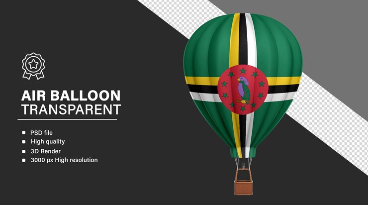 PSD dirigible 3d con la bandera de dominica aislada sobre un fondo transparente