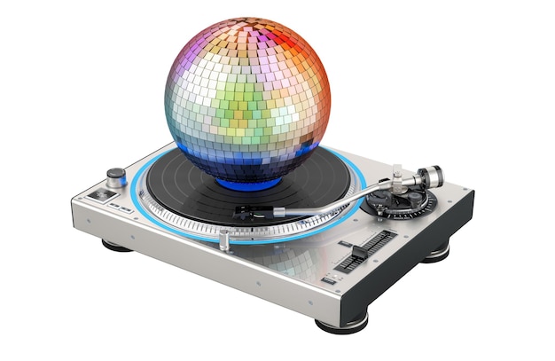 Disco-Ball mit Vinyl-Drehscheibe Disco-Party-Konzept 3D-Rendering isoliert auf transparentem Hintergrund