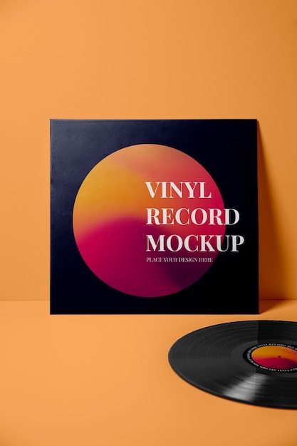 PSD disco de vinil com maquete de fundo laranja