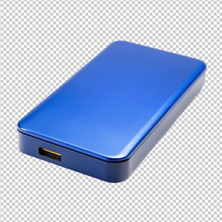 PSD disco duro externo hdd azul sobre un fondo transparente