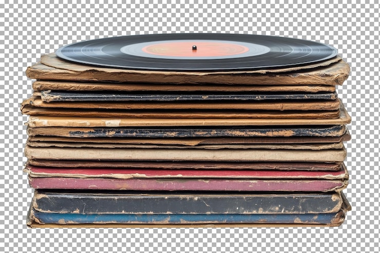 PSD los discos de vinilo antiguos apilados con uno tocando en el tocadiscos en un ambiente acogedor