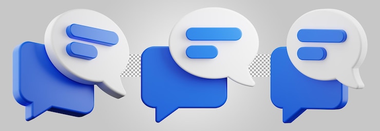 Discusión de chat de burbuja azul y blanca realista hablando. Ilustración 3D