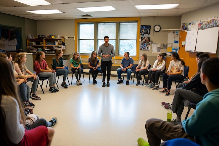 PSD discussione in cerchio in classe studenti e insegnante in cerchio