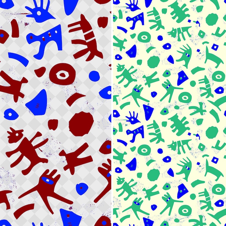 PSD disegni pittorici preistorici in grotta con forme animali e vettori geometrici astratti creativi ou