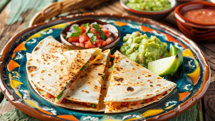 PSD disegni realistici di cibo messicano tacos quesadillas enchiladas tamales e sfondi festivi