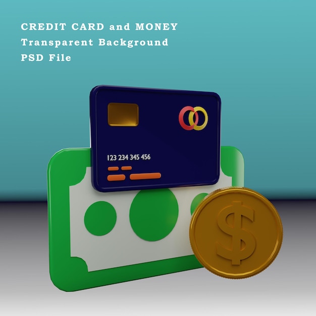 Disegno 3D di attività Carta di credito e illustrazione di denaro
