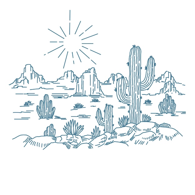 Disegno a linea piatta del sole del deserto e dell'illustrazione astratta del cactus