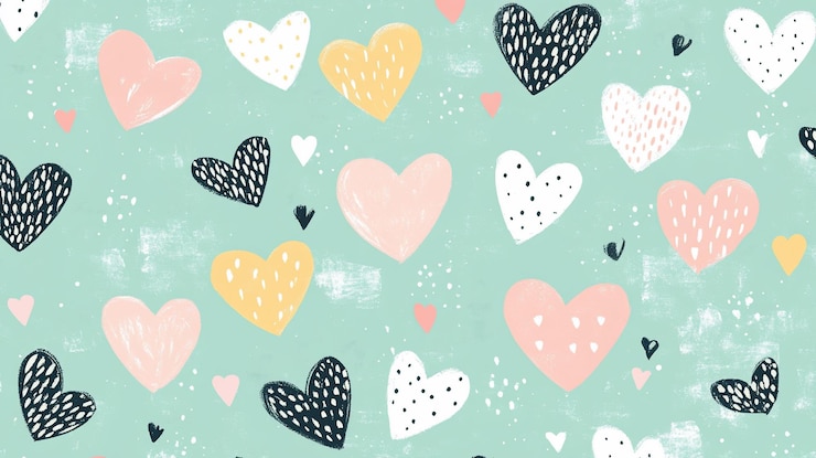 PSD disegno astratto senza cuciture di vari cuori in colori pastello su uno sfondo verde menta