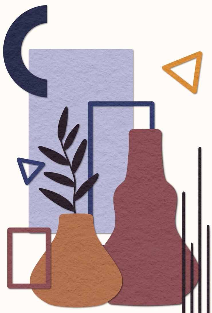 PSD disegno d'arte murale con elementi di vaso di fiori e forma geometrica astratta