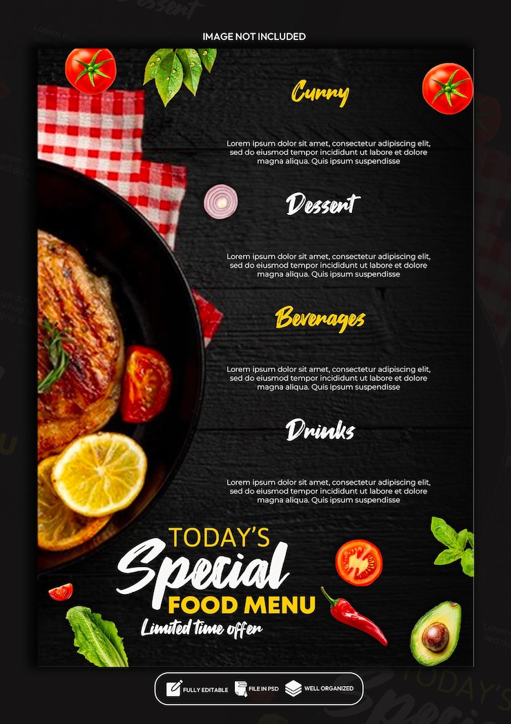 PSD disegno del modello di poster del menu speciale del ristorante