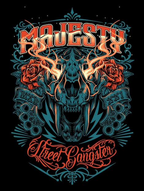 Disegno del tatuaggio del teschio e delle rose del gangster di Majesty Street