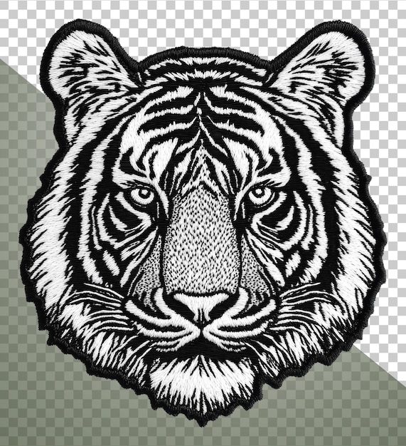 Disegno dettagliato di testa di tigre ricamata su tessuto tagliato in stock png
