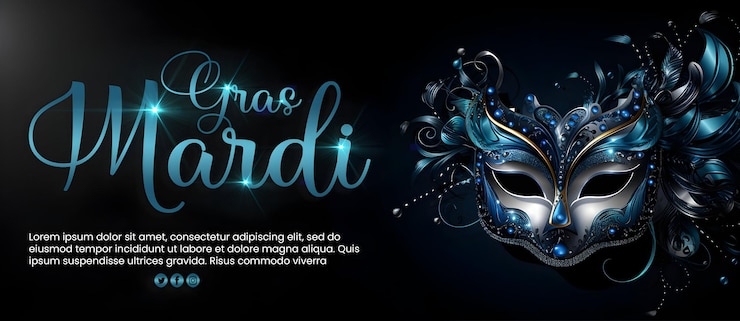 PSD disegno di banner della festa del mardi gras del psd con maschera di carnevale, testo blu modificabile e sfondo blu