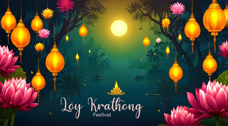 Disegno di poster di festa tradizionale thailandese per Loy Krathong